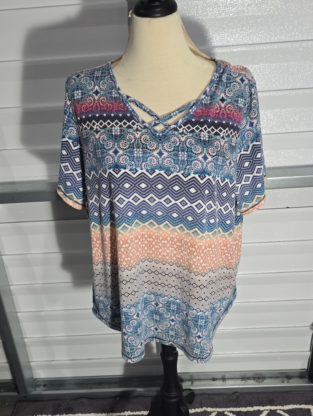 St. John's Bay Blue and Peach Multicolor‎ Crisscross V-Neck Short Sleeve Top 2X